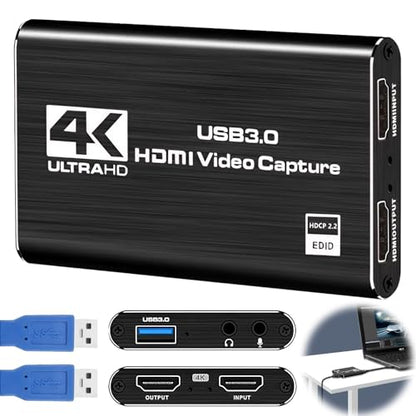 4K HDMI Video Capture Card for Streaming, 1080P 60FPS USB 3.0 Game Capture Device with Audio, Zero-Lag Capturadora De Video for Nintendo Switch PS5 Xbox PC OBS Live Recording