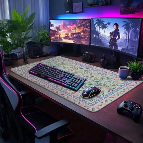 Green Floral Desk Mat Large Mouse Pad 31.5"x15.7" Non-Slip | Extended Mousepad, Non-Slip Rubber Base , Stitched Edges, for Computer/Laptop/Office/Home - color: Green Floral