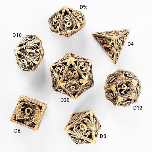 7PCS DND Dice Set, Premium Hollow Metal Polyhedral Dice with Treasure Chest & Dice Bag, Gift for Men & Women, Dungeons and Dragons, TTRPG RPG Tabletop Games (Antique Gold Copper) - color: Antiquegold-copper