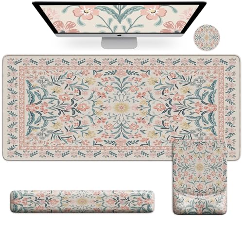 iCasso Mouse Pad with Wrist Rest, Ergonomic Large Desk Mat Set, Pink | Keyboard Pad with Wrist Support, Non-Slip Mouse Mat for Women, Cute Floral Computer Mat for Home Office Gaming - color: Pink