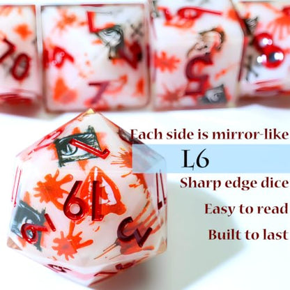 XENOLUX DND Dice Set - Polyhedral Resin Dice Set for Dungeons and Dragons, Macabre Blood Splatter Sharp Edge RPG Dice in Tin Box for Board Games (L6) - color: L6