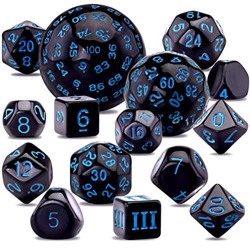 AUSTOR 15 Pieces Complete Polyhedral Dice Set D3-D100 Game Dice Set with a Leather Drawstring Storage Bag for Role Playing Table Games(Black & Blue) - color: Black & Blue