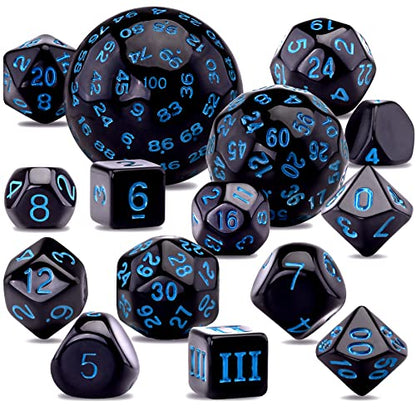 AUSTOR 15 Pieces Complete Polyhedral Dice Set D3-D100 Game Dice Set with a Leather Drawstring Storage Bag for Role Playing Table Games(Black & Blue) - color: Black & Blue
