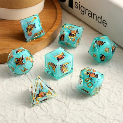 DNDND Owl Aqua Blue Translucent Resin Dice Set - 7-Piece Sharp Edge RPG Dice for D&D with Stickers, Handcrafted Premium Metal Case Gift - color: Owl