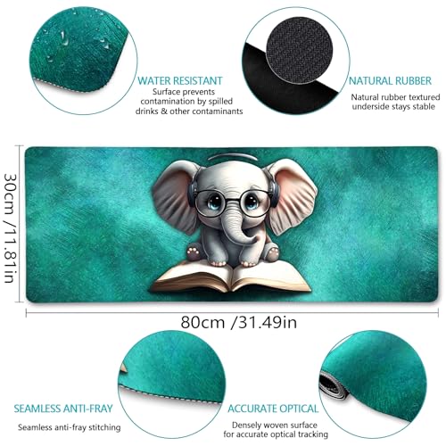 LIMKRIAN Elephant Large Mouse Pad Desk Matt for Desktop, 31.5x11.8 in, XL | Stitched Edges, Waterproof Surface, Non-Slip Rubber Base, Cute Desk Accessories For Office Home, Cute Keyboard and Mouse Pad - color: Cute Elephant 02