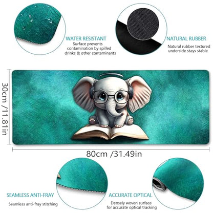 LIMKRIAN Elephant Large Mouse Pad Desk Matt for Desktop, 31.5x11.8 in, XL | Stitched Edges, Waterproof Surface, Non-Slip Rubber Base, Cute Desk Accessories For Office Home, Cute Keyboard and Mouse Pad - color: Cute Elephant 02