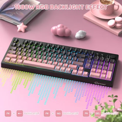 FREEWOLF K100 99 Keys Gaming Creamy Silent Wireless Keyboard with Media Knob,BT/2.4GHz/USB-C,Side Printed Keys RGB Backlit Number Pad,Retro Cute Membrane Computer Keyboard for PC/MAC-Gradient Pink - color: Gradient Pink