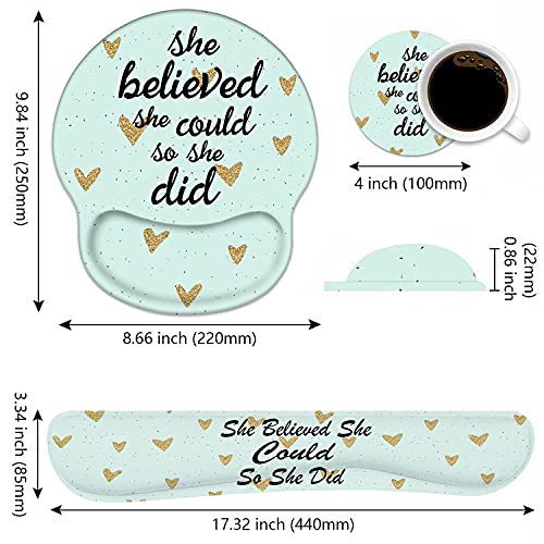 Keyboard Wrist Rest and Mouse Pad Wrist Rest Support Set with Coasters, She Believed She Could So She Did Inspirational Quote Wrist Mouse Pad with Non-Slip PU Base for Computer Laptop Home Office - color: Inspirational Quote She Believed She Could So She