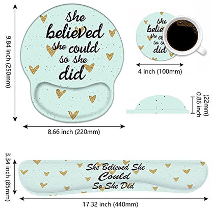 Keyboard Wrist Rest and Mouse Pad Wrist Rest Support Set with Coasters, She Believed She Could So She Did Inspirational Quote Wrist Mouse Pad with Non-Slip PU Base for Computer Laptop Home Office - color: Inspirational Quote She Believed She Could So She