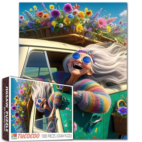 Colorful Grandma Driving Jigsaw Puzzle 1000 Piece for Adults Students 20×27 Inches Floral Hippie Retro Car Theme Vibrant Flower Design Puzzles Relaxing Gift Home Decor Stress Relief Challenge - color: Puzzle-old Woman-04