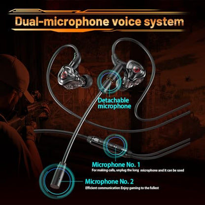 Gaming Earbuds with Mic, in-Ear Gaming 3.5mm Headphones Wired with Microphone Dual Audio Noise Cancelling in Ear Eear Buds Compatible for PC/PS5/PS4/Xbox/Nintendo/Switch/Mobile