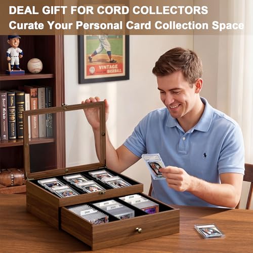 Emfogo Trading Card Storage Box, Wooden Graded Sports Card Display Case | Trading Card Display Case, Adjustable Drawer Dividers, TCG Card Storage Boxs, 1800+ Card Organizer for TCG, MTG, Sports Cards
