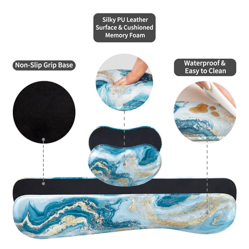QIYI PU Leather Desk Mat Set, 4-in-1 Ergonomic Wrist Rest, Blue Fluid Art | Waterproof Large Mouse Pad 31.5×15.7 + Keyboard Wrist Rest + Mouse Wrist Support+Coaster, Non-Slip Office Gaming Accessories - color: Blue Fluid Art