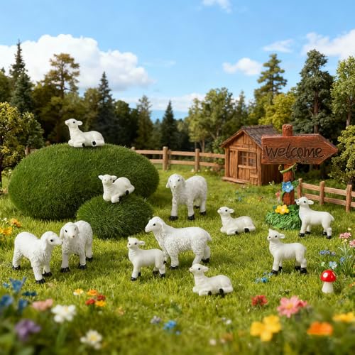Soulchen 50 Pcs Mini Sheep Resin Figurine Bulk Miniature Lamb Figure to Hide Animals Statue Landscape Little Shepherd Decor for Mini DIY Garden Party Outdoor Indoor Home Decor Christian Gifts - style: Lamb