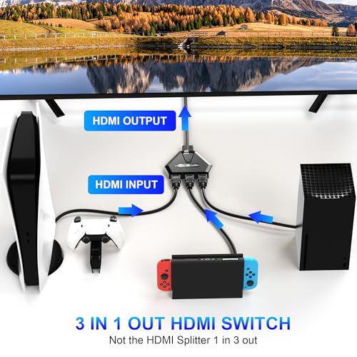 HDMI Switch 3 in 1 Out, 4K@60Hz HDMI Switcher with Gold Plated Ports, Plug & Play, Supports Full HD 1080P 3D Compatible with Roku TV Stick HDTV PS4/PS5 Xbox, Ideal for Home Theater, Gaming, Streaming