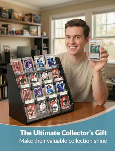 NiHome Trading Card Display Stand, 4-Tier Wood Acrylic for Graded PSA Slabs | Stackable Space-Saving Organizer Holds Up to 20 Toploaders or 16 Cases with Protective Clear Dividers
