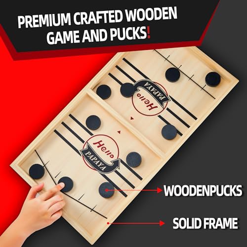 HELLO PAPAYA Fast Sling Puck Game - Test Your Speed and Accuracy with This Fast-Paced Wooden Air Hockey Desktop Battle Board Game - Guaranteed Fun Gifts for Family Night or Friends Party - size: Small