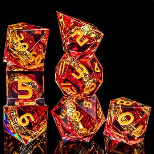 OUKELANWO Magic Lord Rings DND Dice Set with Box, 7Pcs Resin LOTR D&D Dice Set for Role Playing Game, Red Gold Dungeons Dragons D and D Sharp Edge Dice D20 D12 D10 D8 D6 D4 - color: Red