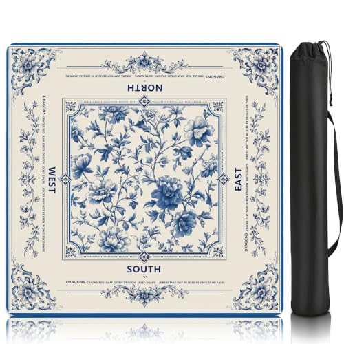 Blue Floral Mahjong Mat for Table 31.5 x 31.5 Non Slip Noise Mah Jongg Mats for Dominoes Poker Card Board and Tile Games Gifts - color: Blue Floral