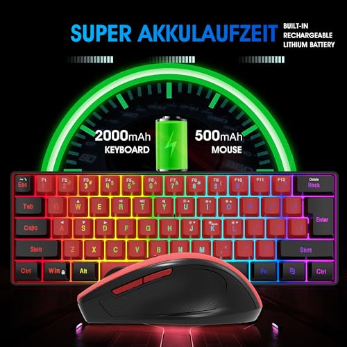 Snpurdiri 2.4G Wireless Gaming Keyboard and Mouse Combo, 60 Percent Wireless Keyboard and Ergonomic Vertical Feel Small Mouse (Black and Red) - color: Black Red Combo