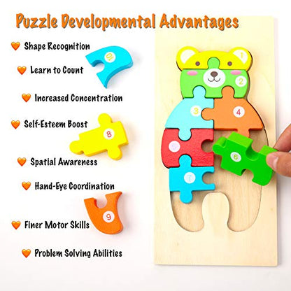 Montessori Mama Wooden Puzzles for Kids Ages 3-5, Montessori Toys for 3 Year Old, Animal Toys Ages 3+, 4-Pack Learning Puzzle
