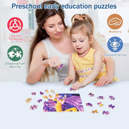 Puzzles for Kids Ages 4-8,Kids Puzzls in a Metal Box,60 Pieces Long Hairs Princess Small Puzles,Kid Boys Girls Learning Educational Puzzle Packed in Tin Box - color: Long Hairs60