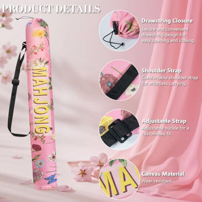 35 Inch Canvas Mahjong Mat Bag | Portable Drawstring Storage Carrying Bag with Shoulder Strap for Mahjong Mats,Travel,Game Nights and Board Games - color: Pink Bloom