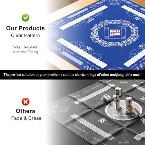 Mahjong Mat for Table with Rules, 31.5" x 31.5" Noise Reduction Non Slip Waterproof Mah Jong Table Mat with Carrying Bag, Suitable for Mahjong, Poker, Board Games, Dominoes, and Card Games - color: Blue White
