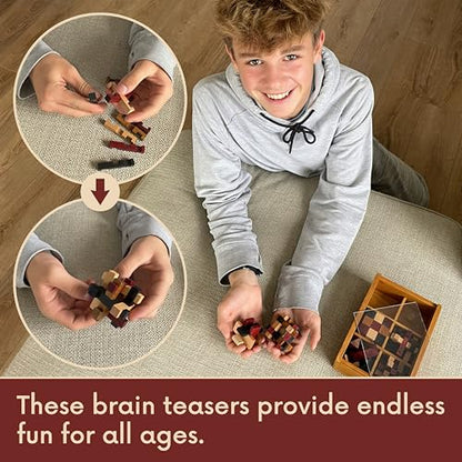 Wooden Brain Teaser Puzzles 6 Pack - 3D Brain Teasers for Adults & Kids - Educational and Fun Gift Ideas - Mind Puzzles