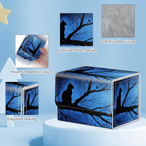 for MTG Commander Deck Box,Card Deck Box for Trading Yugioh MTG,Fits 100 Double Sleeved Cards,PU Leather Strong Magnet Case for Magic Commander TCG CCG,Black Cat Blue - color: Black Cat Blue