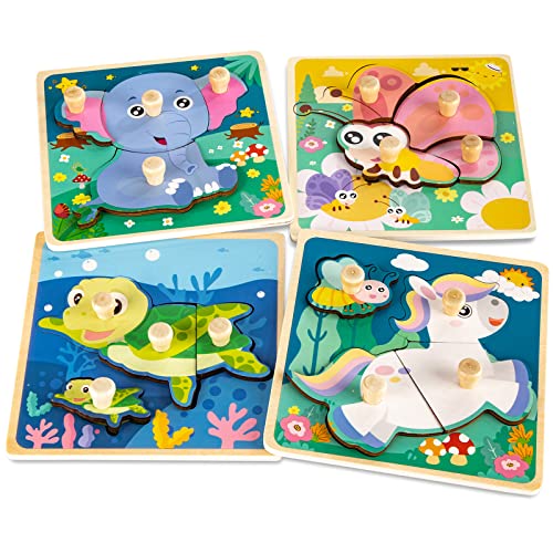 Chunky Wooden Puzzles for Toddlers 1-3: 4 PCS Animals Peg Puzzles Toys | 10 Reinforced Design Tested to 1,000+ Assembly Cycles - Big Pieces for Little Hands - Gift for 1-3 Year Olds Girl Boy - style: Style B
