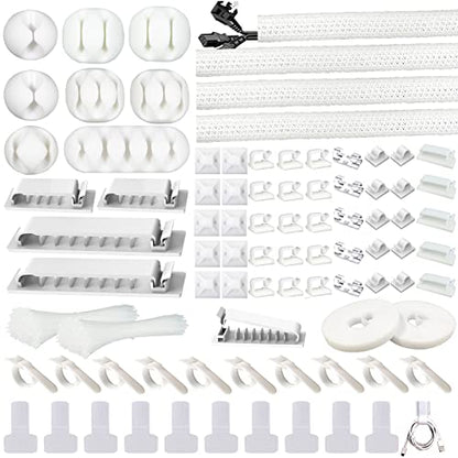 White Cable Management Organizer Kit 4 Cable Sleeve Split 311Pcs | 47Cable Clips 12Cord Clips Holder,22 Cable Ties, 20 adhesive Wall cable Tie, 200Fasten Cable Ties for TV Electronics - size: 322 PCS