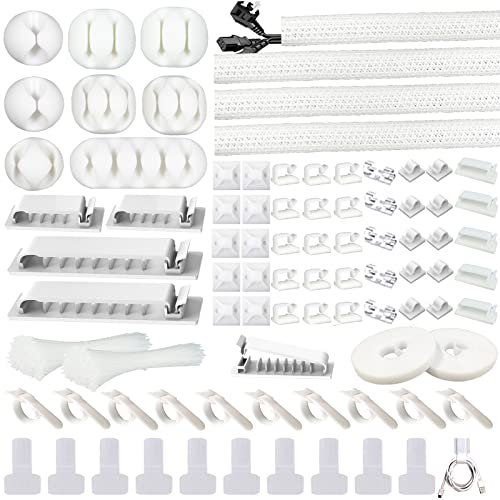 White Cable Management Organizer Kit 4 Cable Sleeve Split 311Pcs | 47Cable Clips 12Cord Clips Holder,22 Cable Ties, 20 adhesive Wall cable Tie, 200Fasten Cable Ties for TV Electronics - size: 322 PCS
