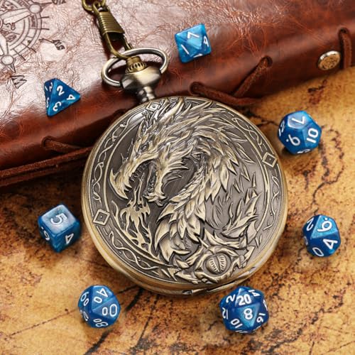 Mini DND Dice Set with Steampunk Dragon Large Pocket Watch Shell Case, 7-Piece Polyhedral Acrylic D&D Dice, DND Gift Bag with Dragon Logo, Role Play Board Game Accessories, Bronze + Blue - color: Bronze + Blue