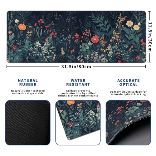 Flower Mouse Pad Abstract Big Mouse Pad 31.5x11.8 Inch Floral Texture Non-Slip Rubber Base Large Weeds Mousepad Stitched Edges Keyboard Mouse Mat Desk Pad for Office and Home - color: Flower 1
