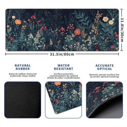 Flower Mouse Pad Abstract Big Mouse Pad 31.5x11.8 Inch Floral Texture Non-Slip Rubber Base Large Weeds Mousepad Stitched Edges Keyboard Mouse Mat Desk Pad for Office and Home - color: Flower 1