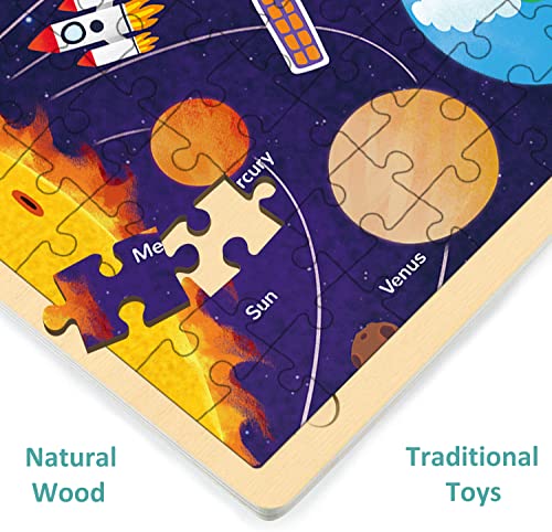 Solar System Wooden Puzzles for Kids Ages 3-5, Space Puzzle 100 Piece Puzzles for Kids Ages 4-6-8-10 with Unique Pieces, Preschool Toddler Jigsaw Puzzle with Tray - style: 100 Piece