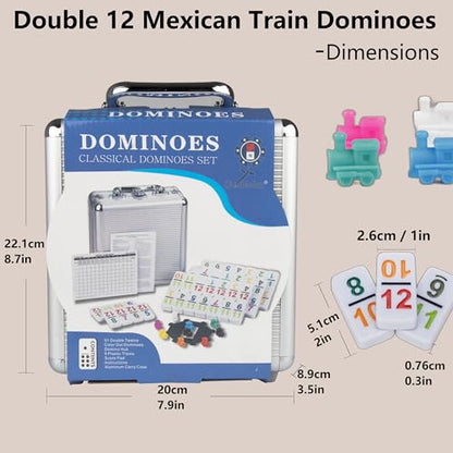 Doublefan Mexican Train Dominoes with Color Numbers,Double 12 Numerical Domino Game, Chicken Foot Dominoes Set with Aluminum Case, 91 Tiles Dominoï¼ˆ2-10 Player | For 2-8 players, 91 Number recessed mark tiles, Deluxe aluminum case, Chicken Foot play,boar