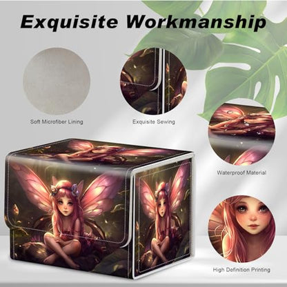 DEGDFSGR for TCG MTG Card Game Storage Box Organizer Trading Card Case Commander Deck Box Magnetic Closure Creative Pattern Up to 200 Cards, Pink Fairy Sitting Flower Meadow - color: Pink Fairy Sitting Flower Meadow