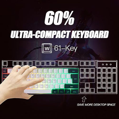 abucow 60% Percent Gaming Keyboard Minimalist Portable Wired Ultra-Compact Mini Imitation 61 Keys RGB Backlit Keyboard (White-Black) - style: White-black