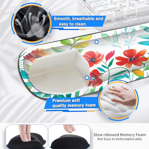 Large Gaming Mouse Pad+ Keyboard Wrist Rest Set, Ergonomics Memory Foam Mouse Mat Wrist Rest Support for Home Office, Waterproof Extended Mousepad 31.5x11.8in, Red Flowers White Desk Pad - color: Yvb-mousepad-9-f-156