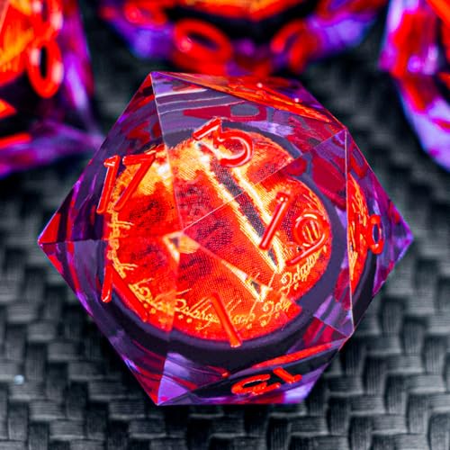 ARUOHHA DND Resin Dice Gazes Eye Dice Purple Red Liquid Core Flaming RPG Sharp Edged Dice Set with Gift Box, Polyhedral D and D Dice Set Compatible with Dungeons Dragons Role Playing Game D20 D6 - color: Sl01-purple Red
