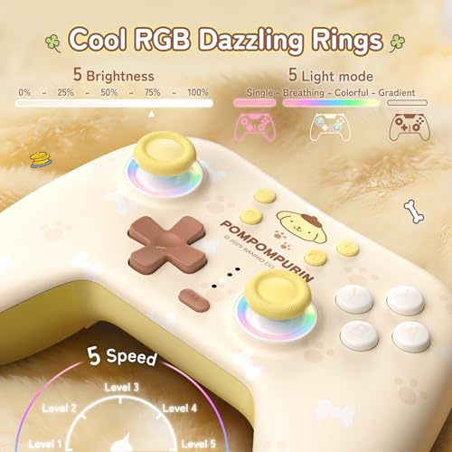 Kuitmor Pompompurin Switch Pro Controller, Cute Hall Effect Wireless Gamepad No Drift for Switch 2/Switch/OLED/Lite, PC/Steam, Android, iOS, Bluetooth + Wired, Turbo, Back Buttons, 6-Aixs Gyro, Wake-up, RGB (Yellow, Without 2.4g Receiver) - color: Yellow