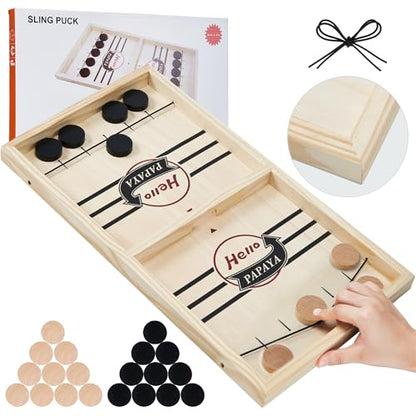 HELLO PAPAYA Fast Sling Puck Game - Test Your Speed and Accuracy with This Fast-Paced Wooden Air Hockey Desktop Battle Board Game - Guaranteed Fun Gifts for Family Night or Friends Party - size: Large