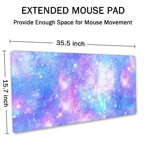 SSOIU Desk Mat,Large Mouse Pad 35.5" x 15.7" XXL Extended Gaming Mouse Pad Mat with Non-Slip Base Stitched Edge Mousepad for Computer,Office,Keyboard and Laptop - Pink and Blue Magical Galaxy Star - color: Galaxy Star