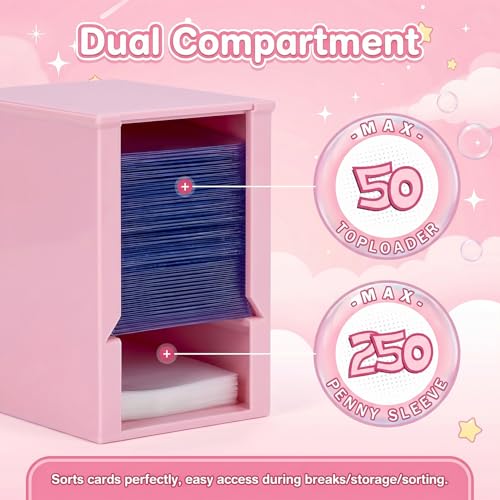 Toploader Dispenser & Penny Sleeve Holder - Dual Compartment Holds 250 Penny Sleeves & up to 50 Top Loaders, Stackable Card Storage Box with Dustproof Lid (Pink) - color: Pink