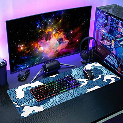 Japanese Blue and White Wave Gaming Mouse Pad XL Anime Sea Texture Extended Large Desk Mat Big Mousepad Non-Slip Rubber Base Stitched Edge Long Desk Pad for Desktop PC Computer Gamer,31.5×11.8 Inch - color: Blue Wave, size: 31.5 x 11.8 inches