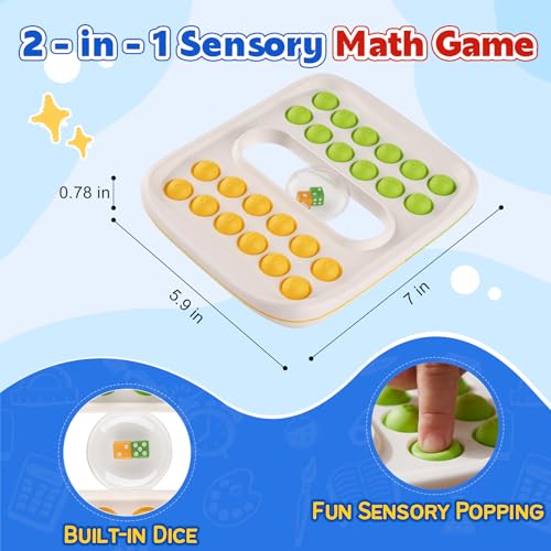 Kiditos Pop Math Game for Kids Ages 4–8, Fidget Math Board Game with Built-in Dice, Addition & Subtraction Learning Toy, Sensory STEM Toy for Classroom, Homeschool & Travel - color: Yellow & Green