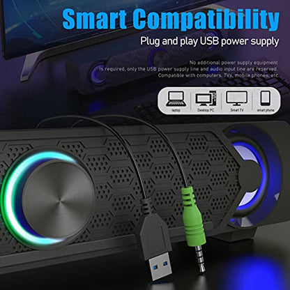 Smalody Small Computer Speakers for Desktop Gaming Monitor, PC Speakers for Desktop Monitor, Computer Speaker Wired USB Powered, Mini Soundbar with Cool Led Light Effect | Compact wired USB computer soundbar with cool LED light effect. Ideal space-saving