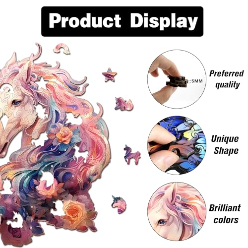 Wooden Jigsaw Puzzles for Adults, Unicorn Jigsaw Puzzles 165 Pieces, Unique Animal Shaped Wooden Puzzles for Adults and Kids, Family Game 11.1x9.58 Inch